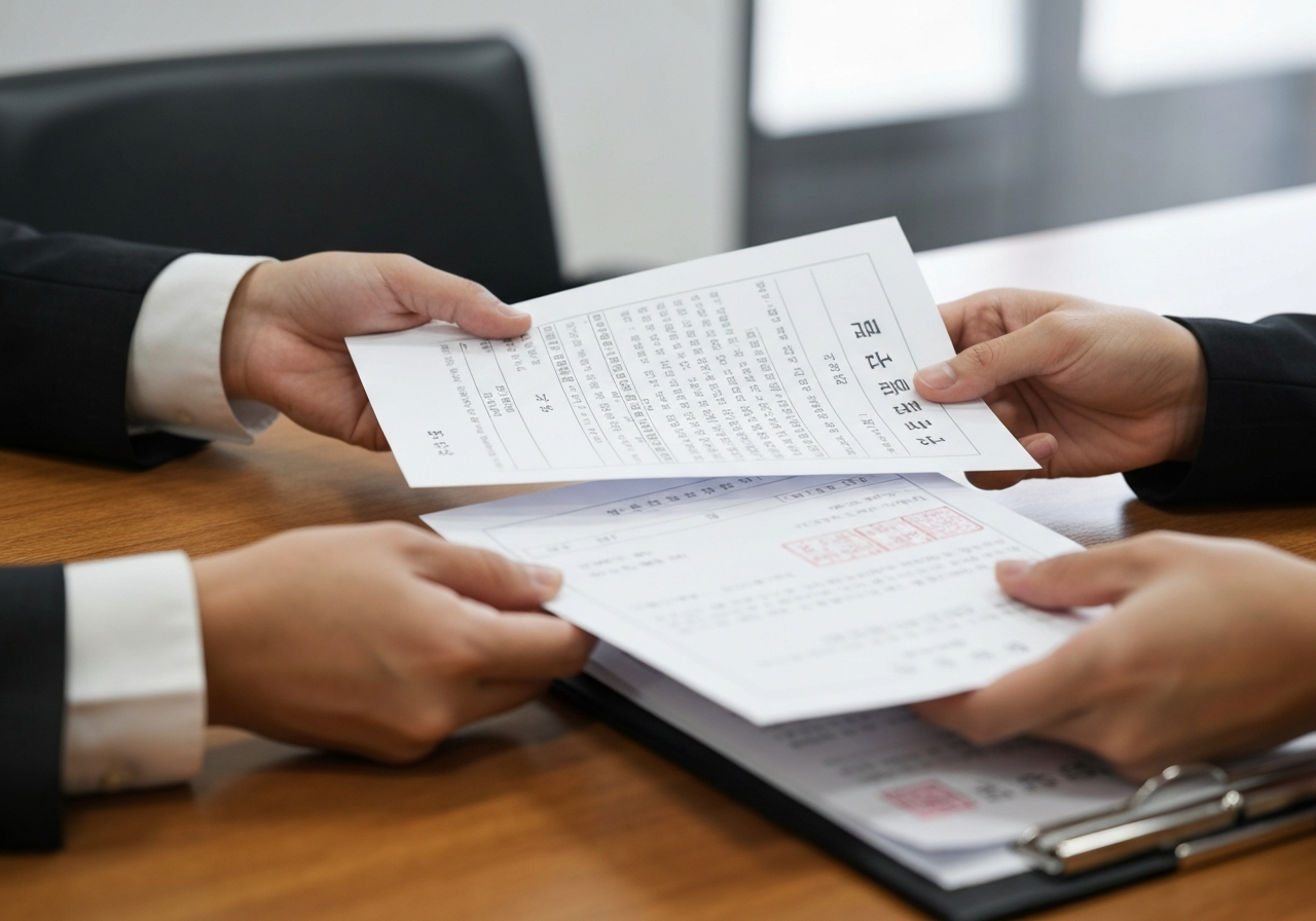 韓国の戸籍書類を専門家に渡して手続きを依頼する様子