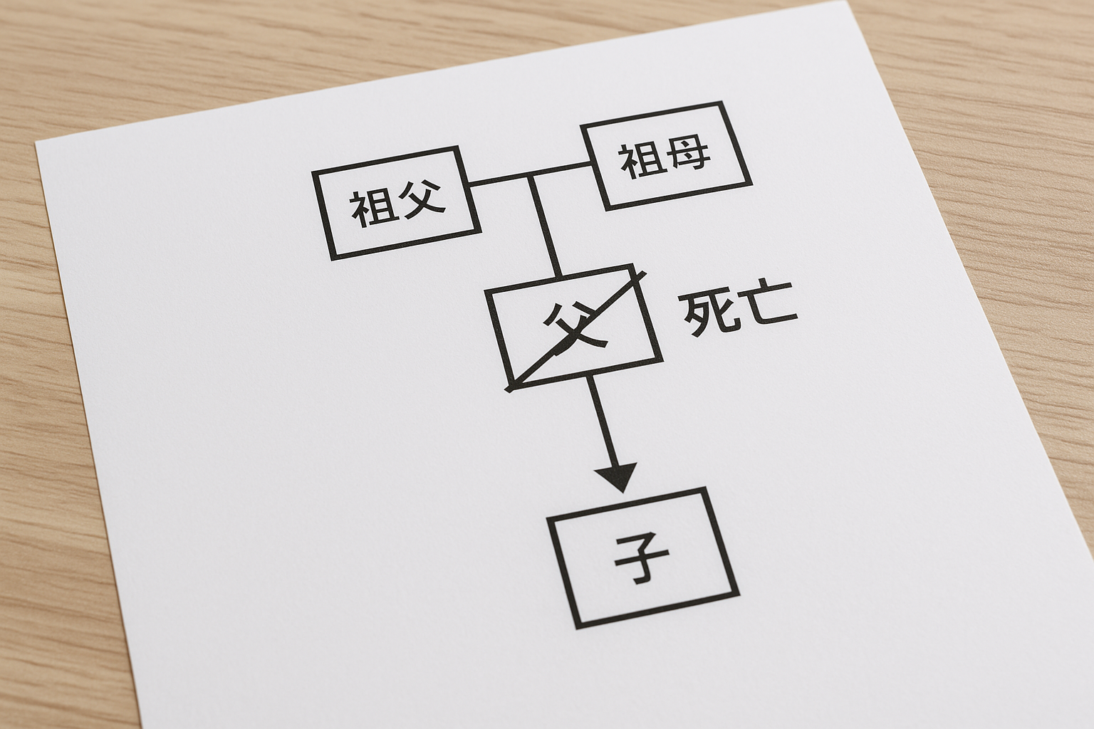 ai_image_3 | 神奈川県川崎市、横浜市やその近郊で相続手続き・相続登記なら「いがり円満相続相談室」 相続人が死亡した場合の相続権の流れを示す家系図。相続権が子(孫)に代襲相続されている。