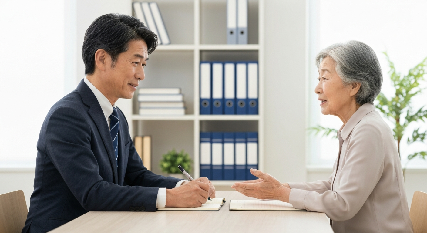 ai_image_3 | 神奈川県川崎市、横浜市やその近郊で相続手続き・相続登記なら「いがり円満相続相談室」 司法書士が相談者の話を親身に聞いている相談風景。生前対策の専門家への相談をイメージさせる。
