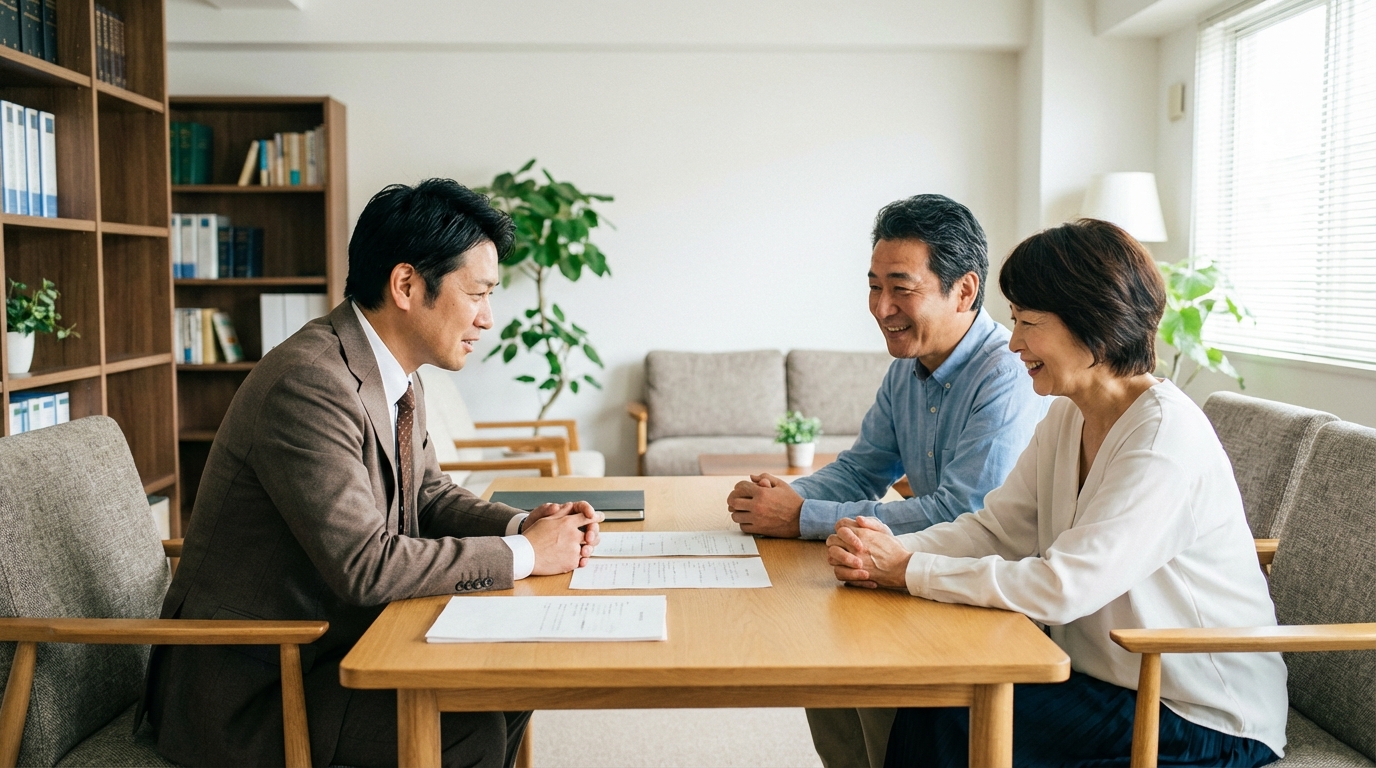 司法書士に相続の相談をする夫婦。専門家が親身に対応している。