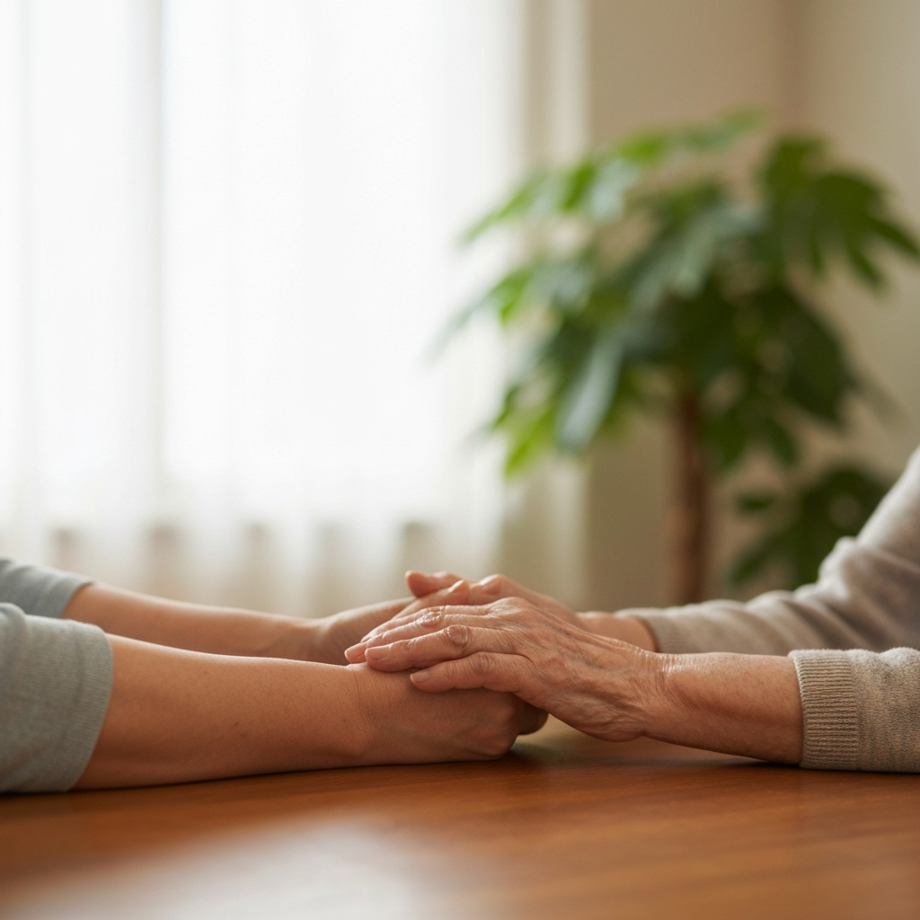 年配の母親の手を、その娘が優しく握っているクローズアップ写真。親の将来を心配し、認知症対策を考える家族の温かい絆を表現。