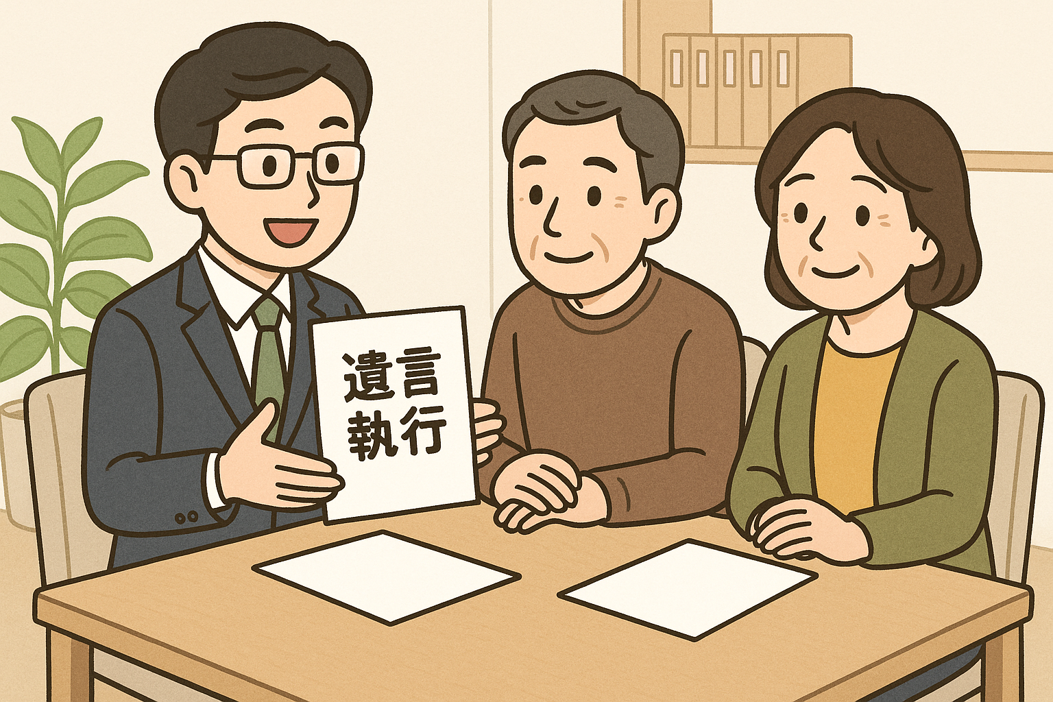 ai_image_4 | 神奈川県川崎市、横浜市やその近郊で相続手続き・相続登記なら「いがり円満相続相談室」 遺言執行者について司法書士から説明を受ける夫婦のイラスト