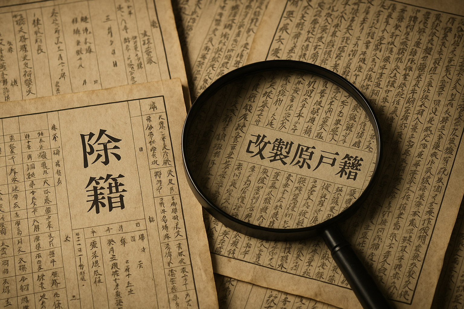 ai_image_4 | 神奈川県川崎市、横浜市やその近郊で相続手続き・相続登記なら「いがり円満相続相談室」 虫眼鏡で古い戸籍謄本を読んでいる様子。相続人調査の難しさを示している。