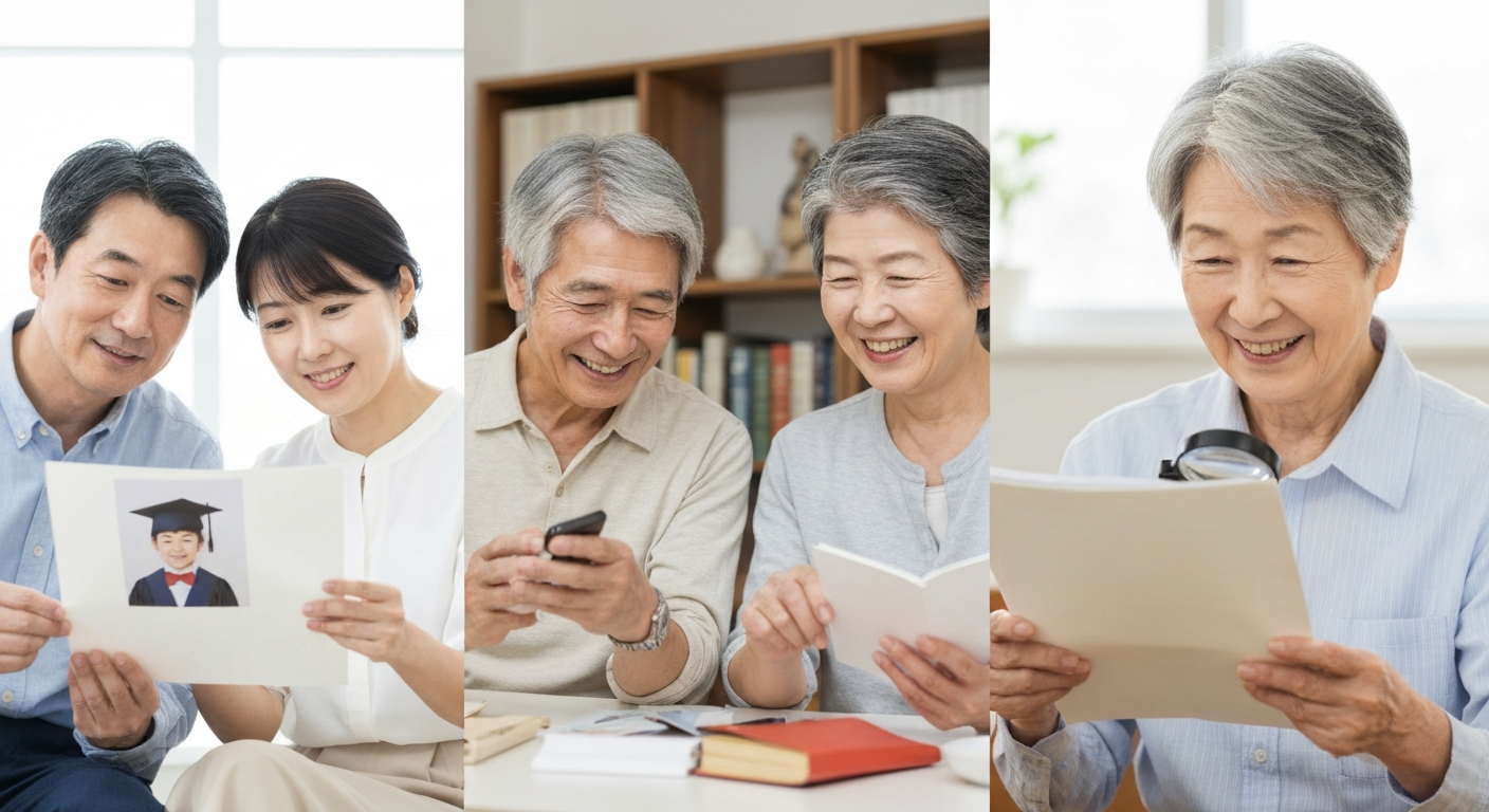 ai_image_4 | 神奈川県川崎市、横浜市やその近郊で相続手続き・相続登記なら「いがり円満相続相談室」 50代、60代、70代の各年代の日本人が、それぞれのライフステージで将来について考えている様子をコラージュした画像。