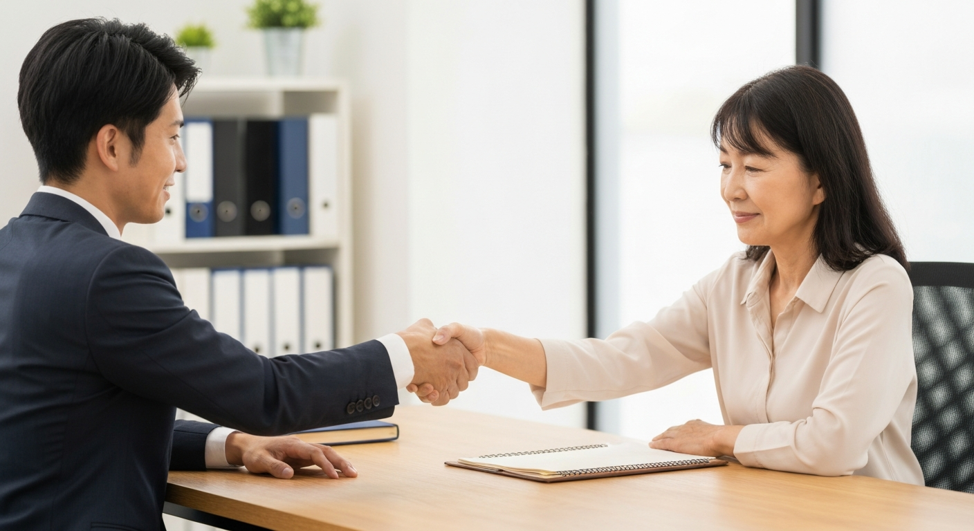 ai_image_4 | 神奈川県川崎市、横浜市やその近郊で相続手続き・相続登記なら「いがり円満相続相談室」 いがり綜合事務所の司法書士と依頼者が握手をしている。安心のマンツーマンサポートを表現。