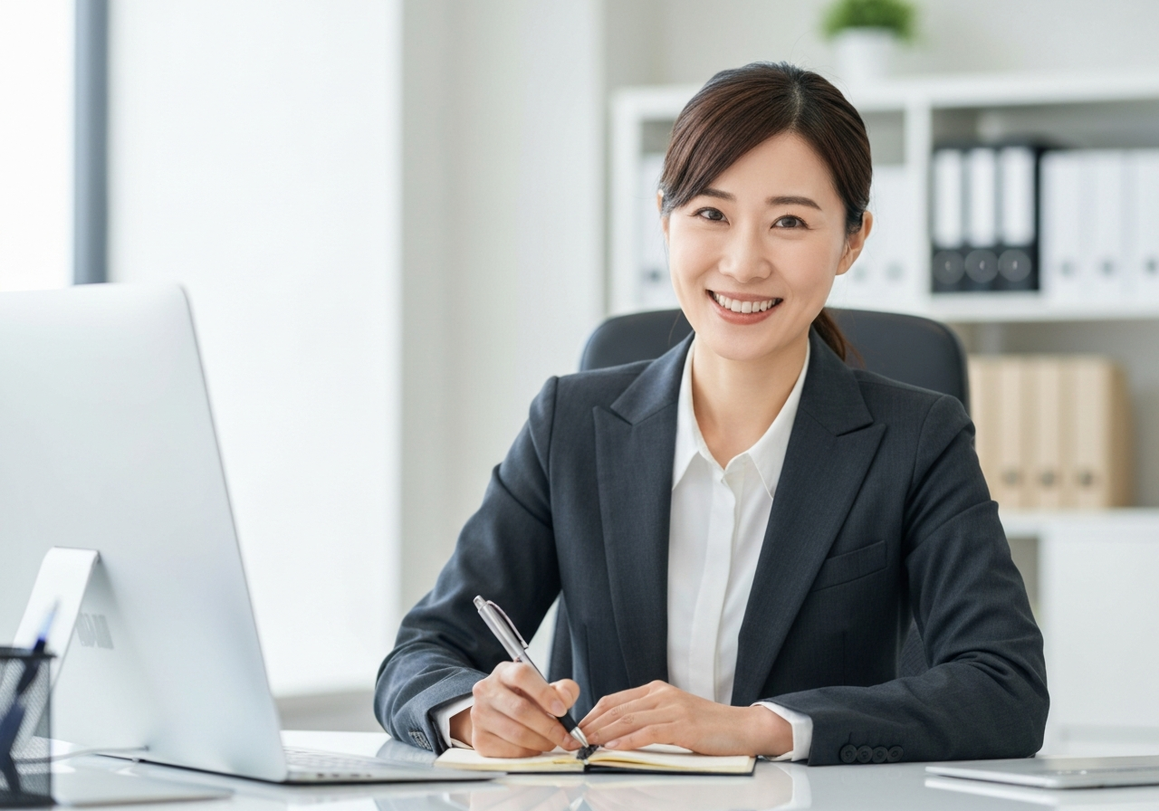 相談者の話を親身に聞く、信頼できそうな女性司法書士。専門家への相談のしやすさをイメージさせる。