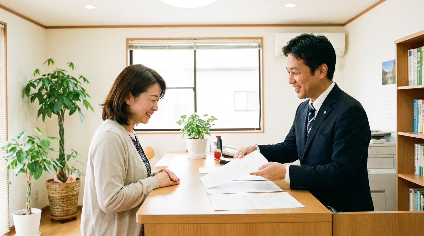 司法書士に旧姓不動産の相続について相談し、安心した表情を浮かべる女性。