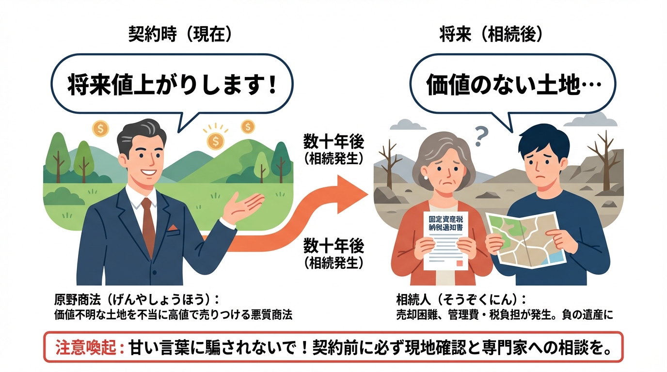 原野商法の仕組みを解説する図解。悪徳業者から価値のない土地を買わされ、数十年後に相続人が困る様子が描かれている。
