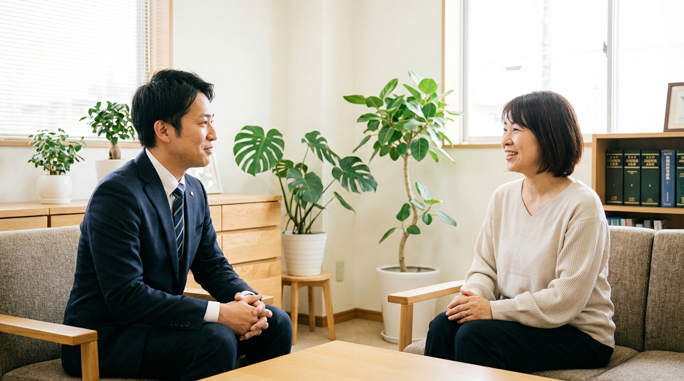 相続財産の調査について司法書士に相談し、安心している女性。