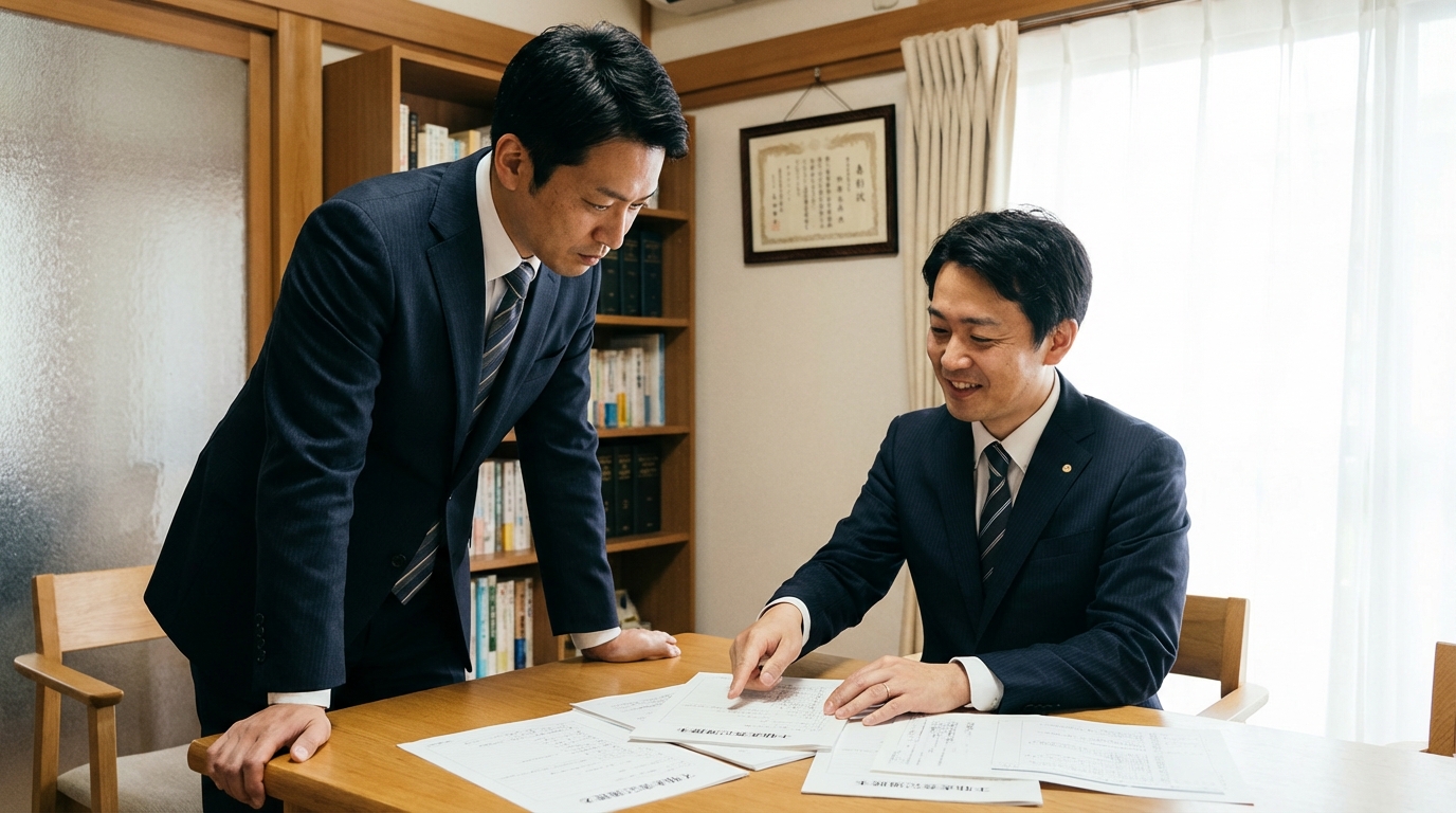 ai_image_1 | 神奈川県川崎市、横浜市やその近郊で相続手続き・相続登記なら「いがり円満相続相談室」 共有名義の実家について司法書士に相談する男性。