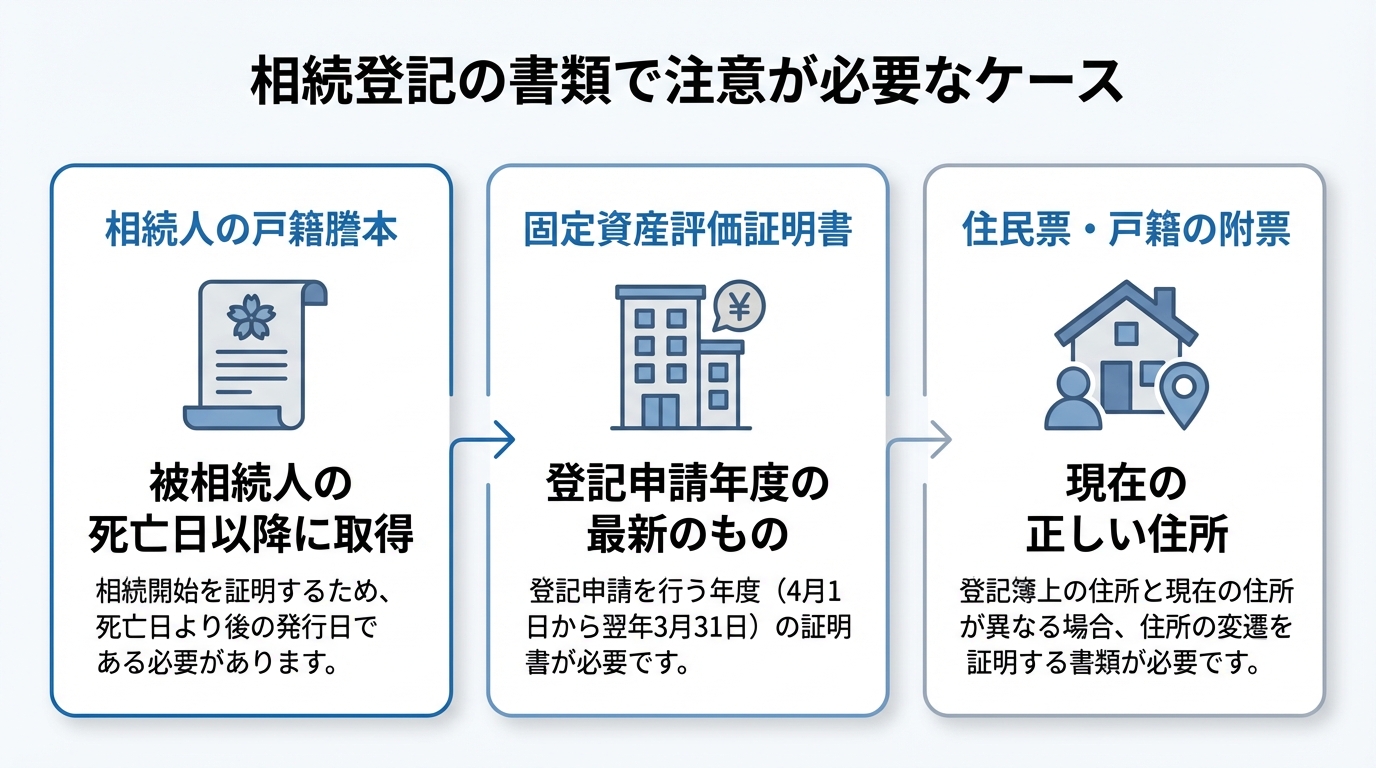 ai_image_1 | 神奈川県川崎市、横浜市やその近郊で相続手続き・相続登記なら「いがり円満相続相談室」 相続登記で注意が必要な書類のポイントを図解したインフォグラフィック。戸籍謄本、固定資産評価証明書、住民票の3点について解説。