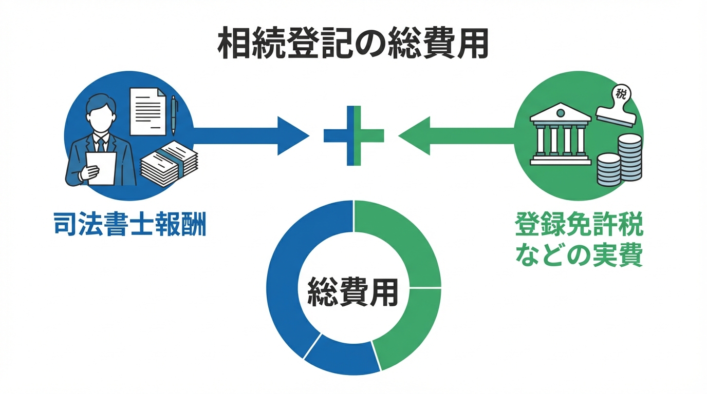 ai_image_1 | 神奈川県川崎市、横浜市やその近郊で相続手続き・相続登記なら「いがり円満相続相談室」 相続登記の総費用は「司法書士報酬」と「登録免許税などの実費」の合計であることを示す図解