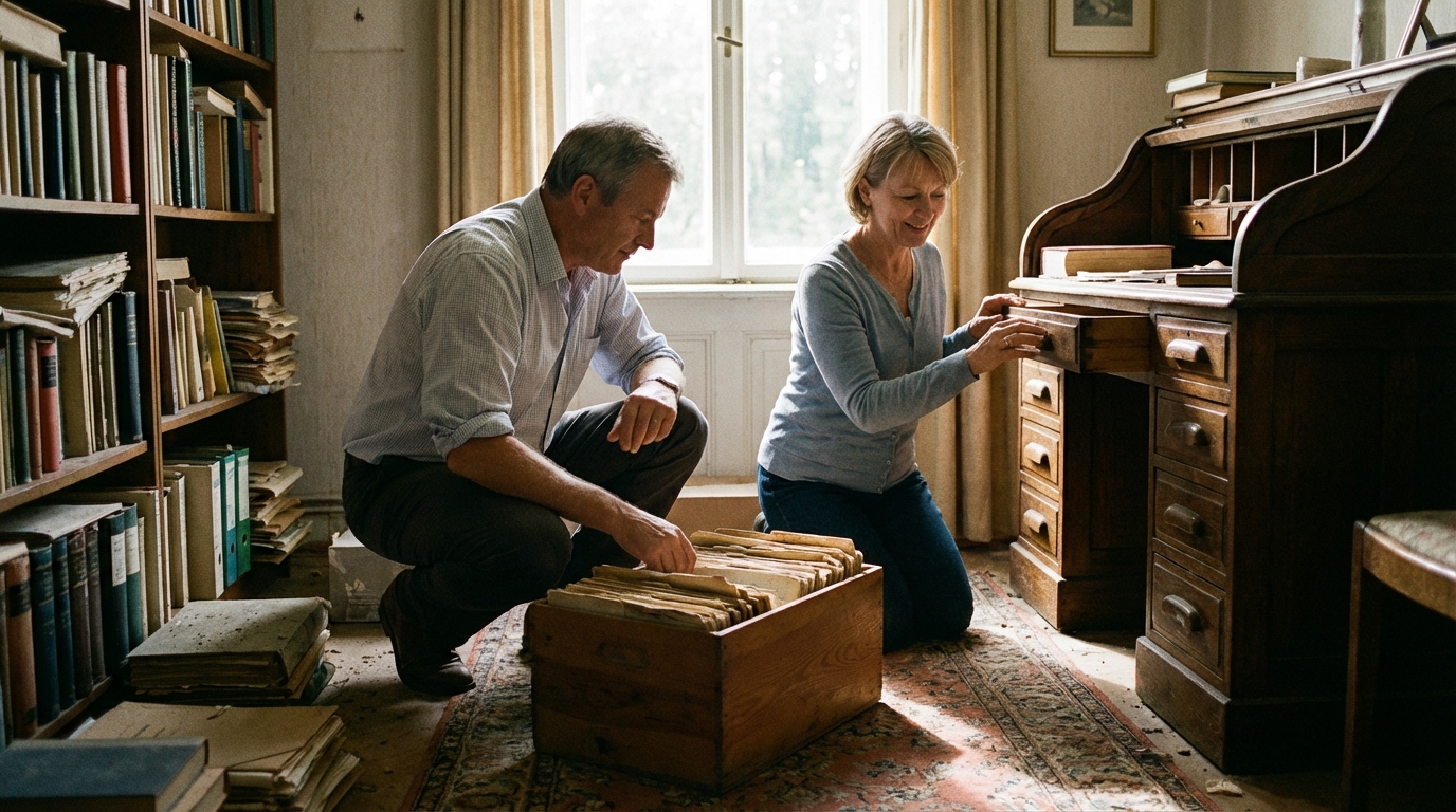 ai_image_1 | 神奈川県川崎市、横浜市やその近郊で相続手続き・相続登記なら「いがり円満相続相談室」 故人の部屋で財産の手がかりとなる書類を探している遺族の様子