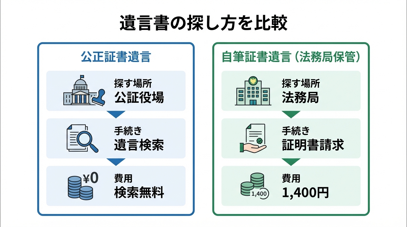 ai_image_1 | 神奈川県川崎市、横浜市やその近郊で相続手続き・相続登記なら「いがり円満相続相談室」 公正証書遺言と自筆証書遺言(法務局保管制度)の探し方の違いを比較した図解。