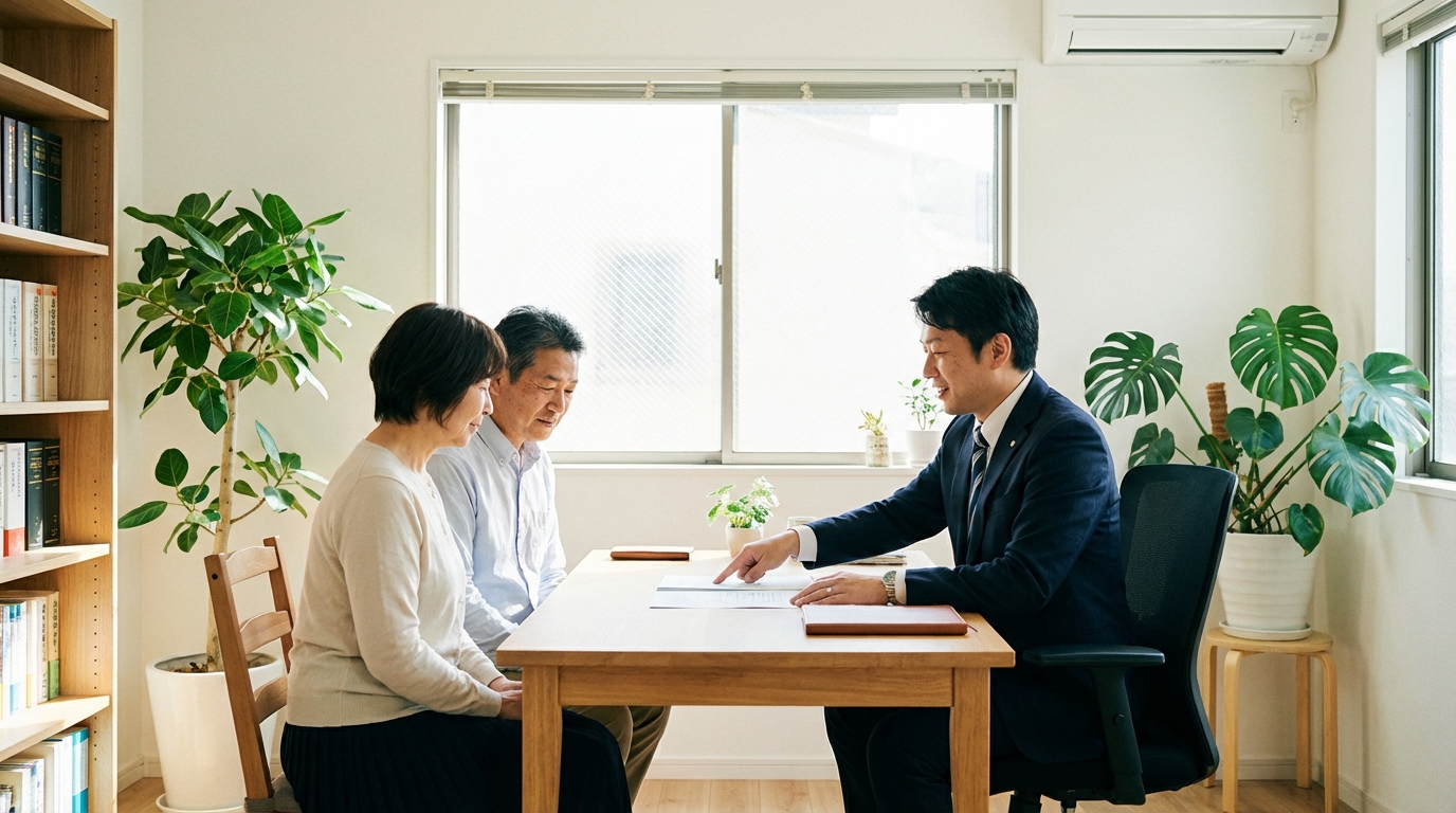 司法書士に負動産相続の相談をしている夫婦のイメージ。専門家のアドバイスで安心している様子。