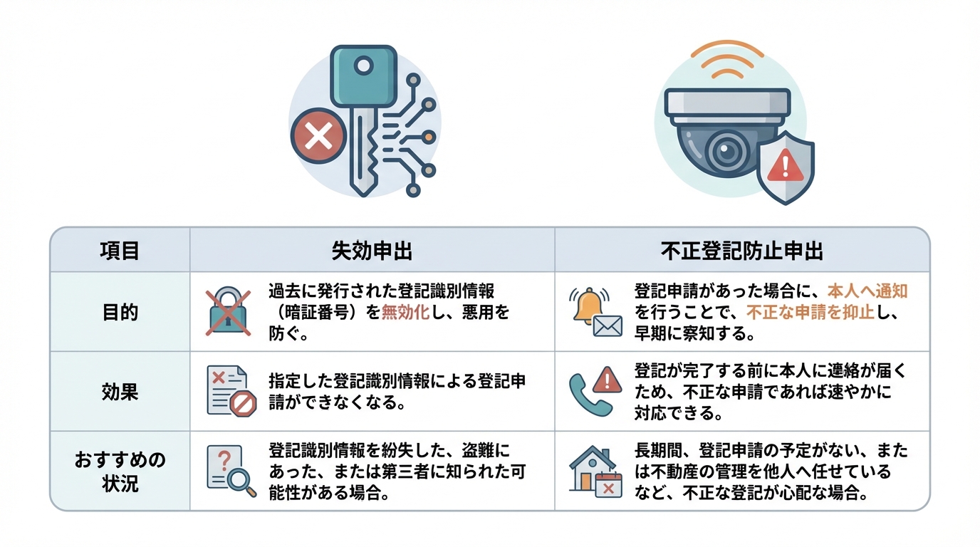 ai_image_2 | 神奈川県川崎市、横浜市やその近郊で相続手続き・相続登記なら「いがり円満相続相談室」 登記識別情報を紛失した際の対策である「失効申出」と「不正登記防止申出」の目的や効果を比較する図解。
