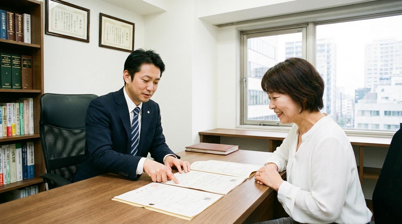 ai_image_2 | 神奈川県川崎市、横浜市やその近郊で相続手続き・相続登記なら「いがり円満相続相談室」 司法書士が数次相続の書類について相談者に説明している様子。古い戸籍が使えるかどうかの相談シーン。