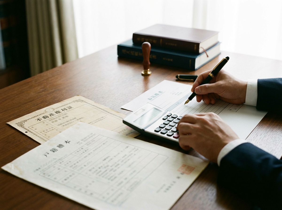 ai_image_2 | 神奈川県川崎市、横浜市やその近郊で相続手続き・相続登記なら「いがり円満相続相談室」 司法書士が相続登記の見積もりを作成している様子