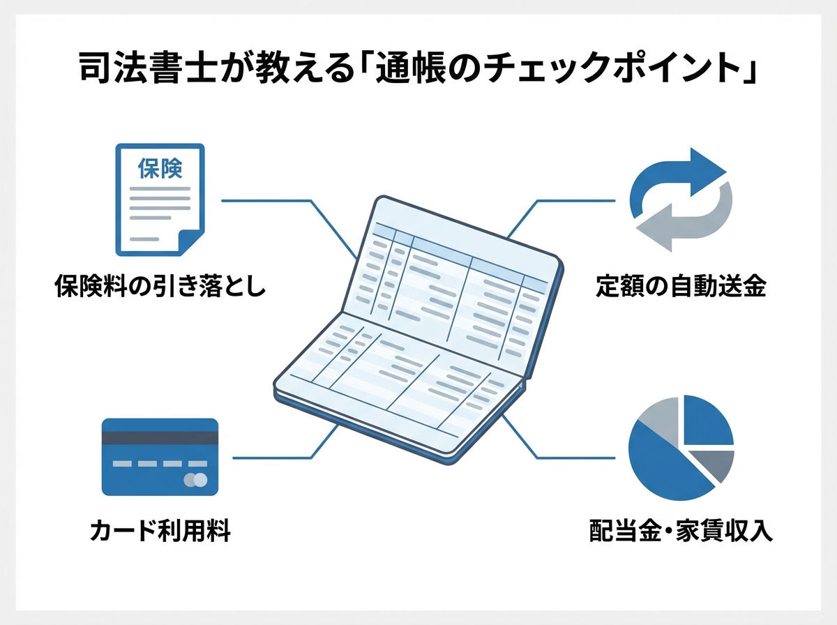 ai_image_2 | 神奈川県川崎市、横浜市やその近郊で相続手続き・相続登記なら「いがり円満相続相談室」 司法書士が解説する、故人の隠し財産を見つけるための通帳チェックポイントを図解したインフォグラフィック。