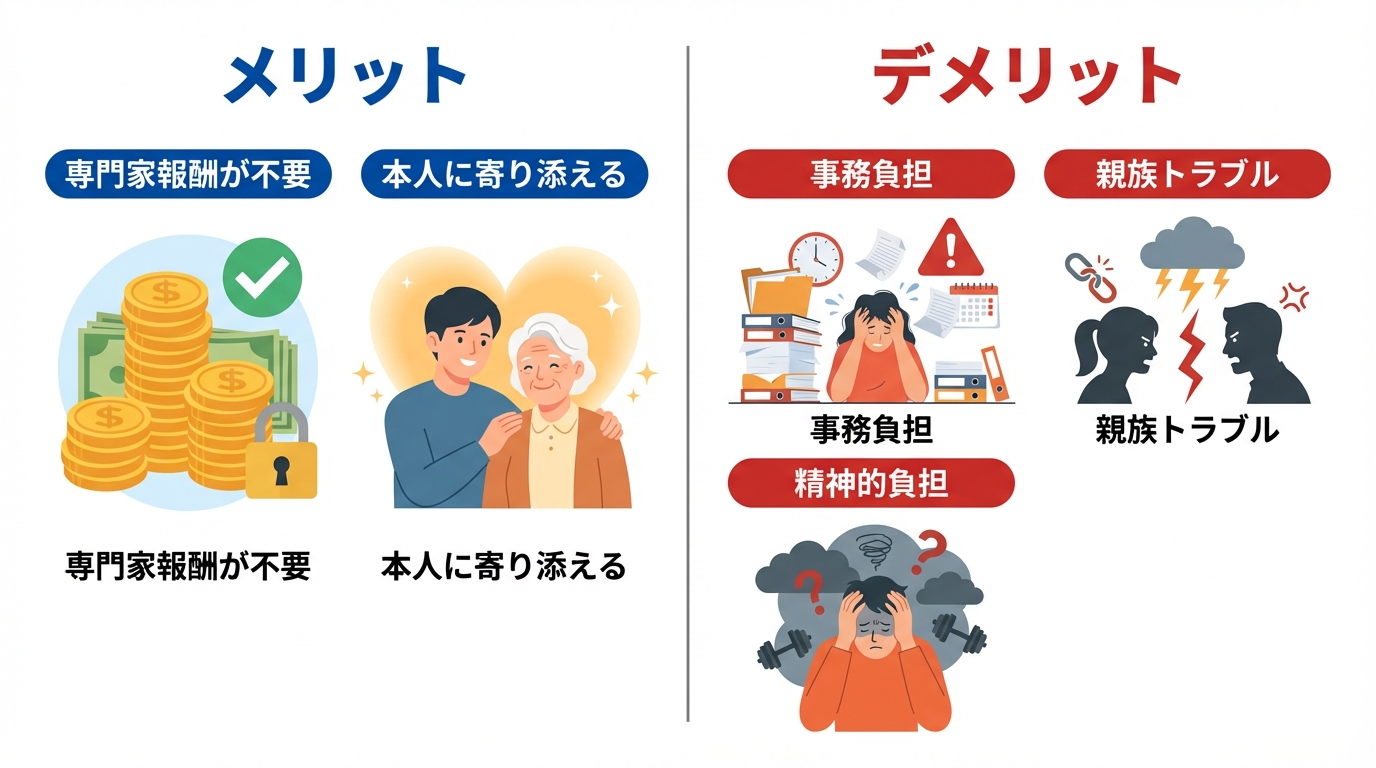 ai_image_3 | 神奈川県川崎市、横浜市やその近郊で相続手続き・相続登記なら「いがり円満相続相談室」 親族が成年後見人になるメリット(費用抑制、本人への寄り添い)とデメリット(事務負担、親族トラブル、精神的負担)を比較した図解。