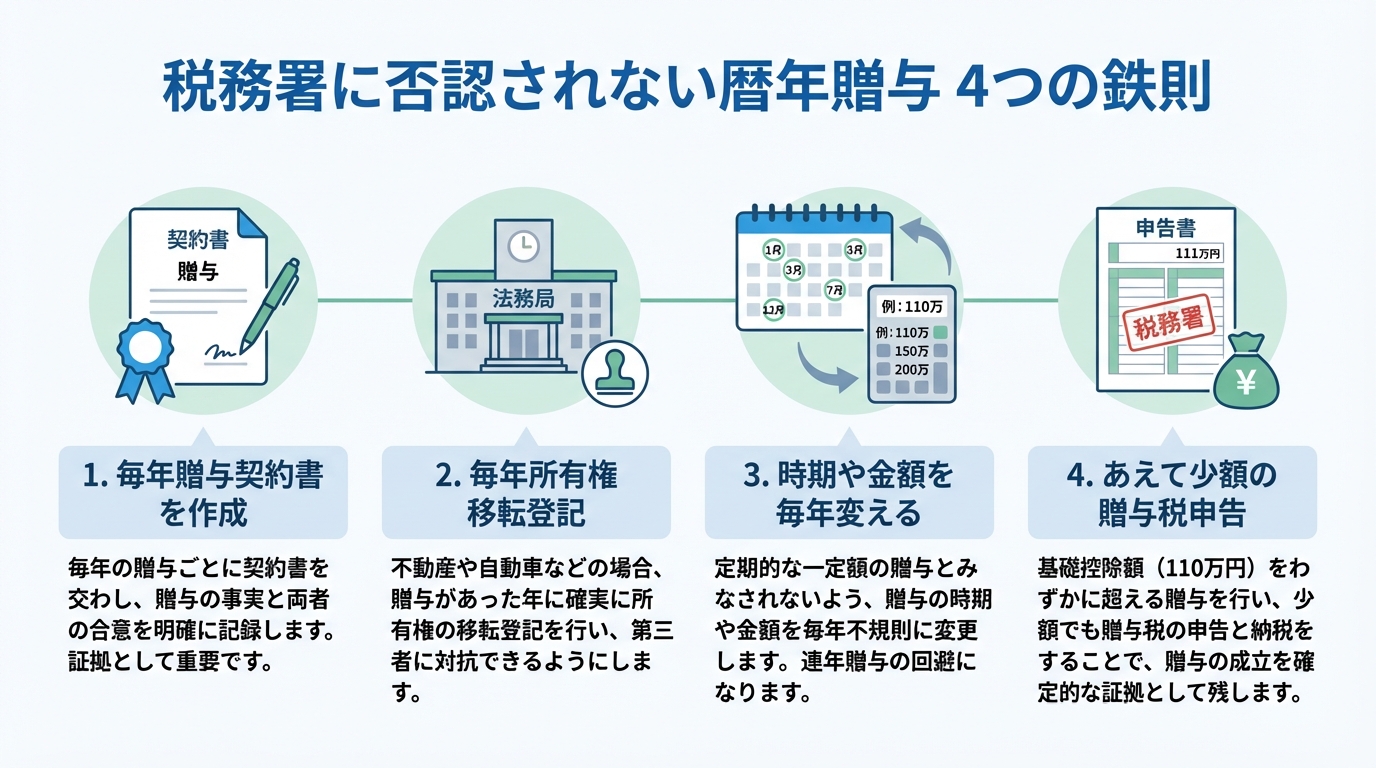 ai_image_3 | 神奈川県川崎市、横浜市やその近郊で相続手続き・相続登記なら「いがり円満相続相談室」 暦年贈与が税務署に否認されないための4つの対策をまとめた図解。