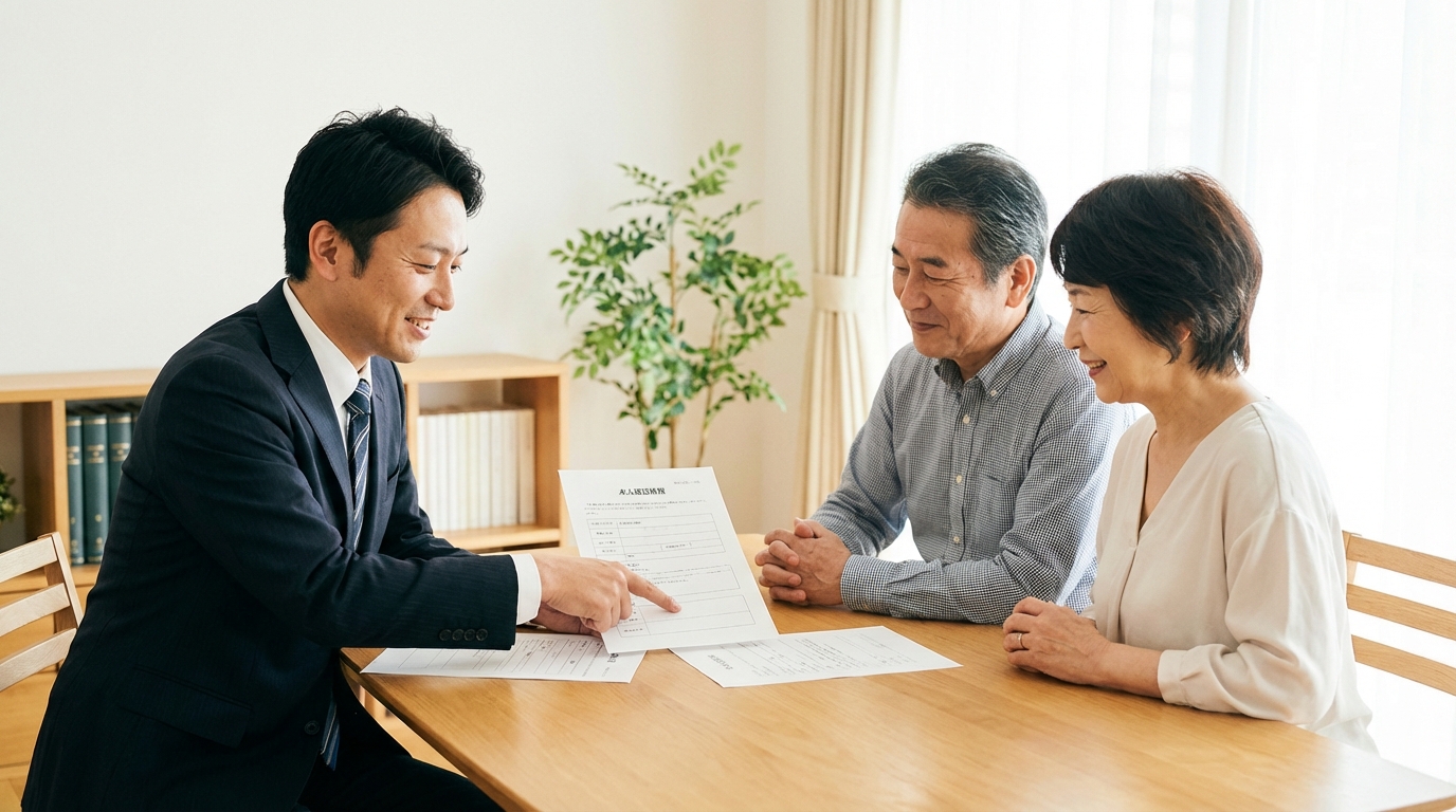 ai_image_3 | 神奈川県川崎市、横浜市やその近郊で相続手続き・相続登記なら「いがり円満相続相談室」 司法書士が作成する本人確認情報について、依頼者に説明している様子の写真。
