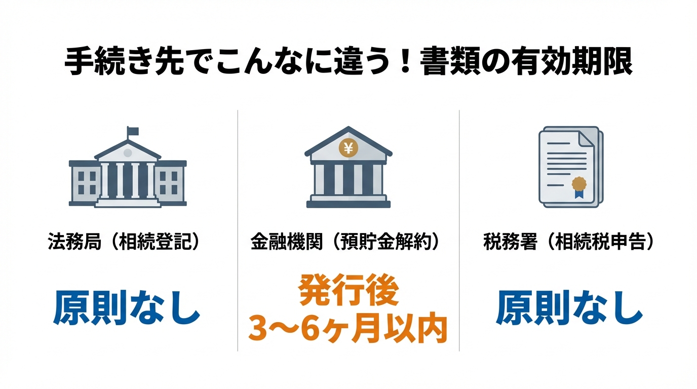 ai_image_3 | 神奈川県川崎市、横浜市やその近郊で相続手続き・相続登記なら「いがり円満相続相談室」 相続手続きにおける提出先ごとの書類有効期限の違いを比較した図解。法務局、金融機関、税務署でのルールの違いを示している。