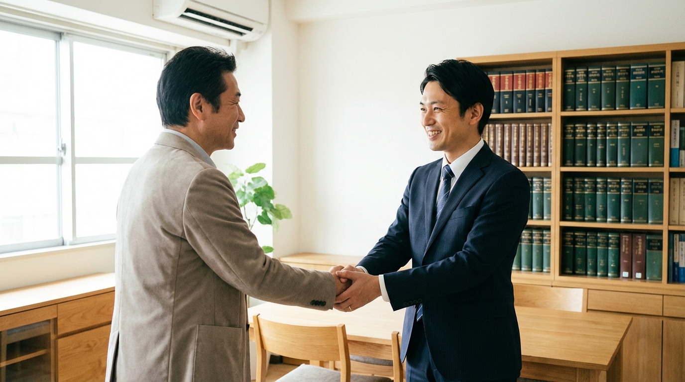 ai_image_3 | 神奈川県川崎市、横浜市やその近郊で相続手続き・相続登記なら「いがり円満相続相談室」 司法書士に相続登記を依頼し、安心した表情で握手をする男性