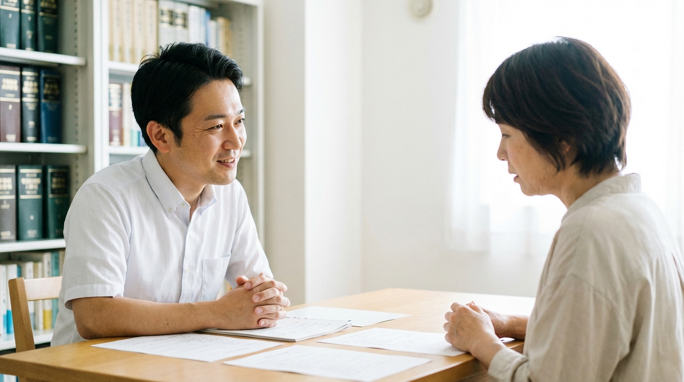 ai_image_3 | 神奈川県川崎市、横浜市やその近郊で相続手続き・相続登記なら「いがり円満相続相談室」 いがり円満相続相談室で、司法書士に相続財産調査の相談をしているお客様の様子
