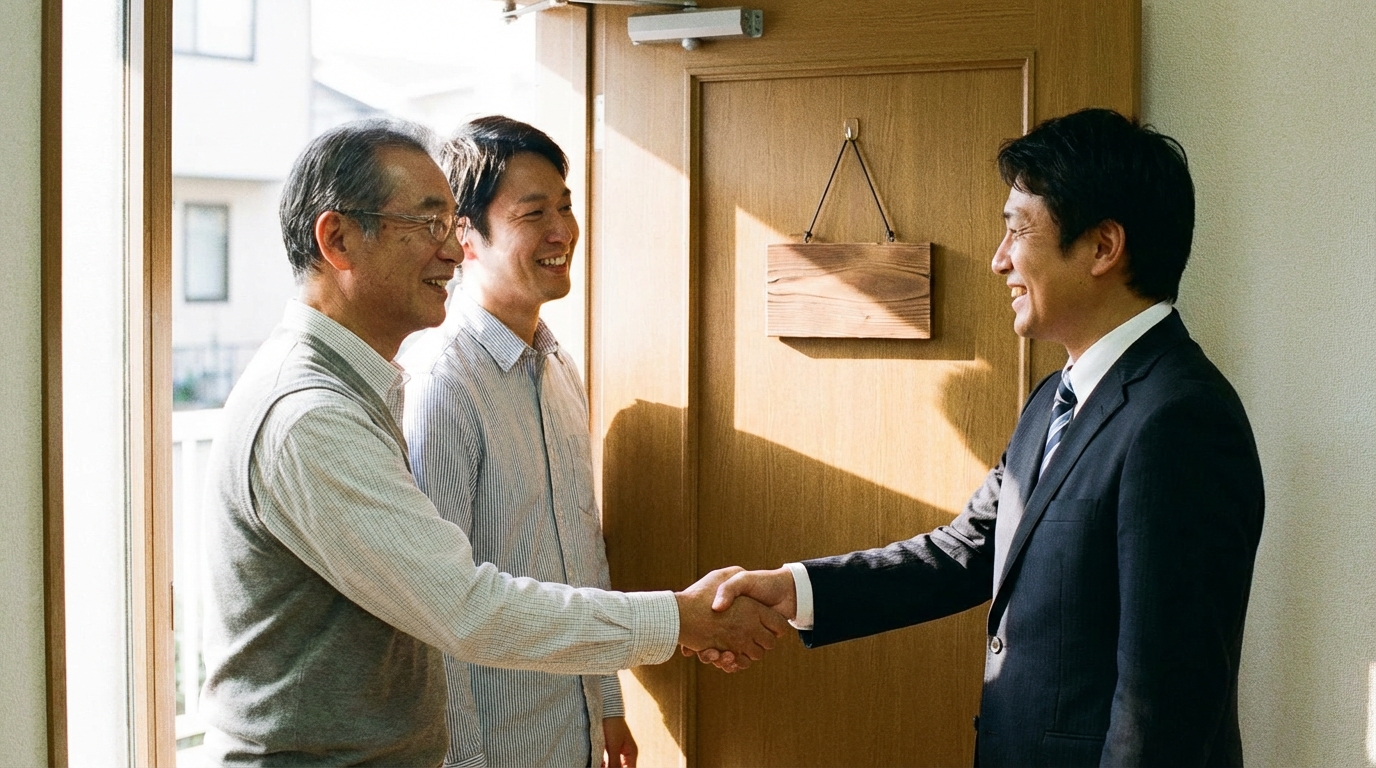 ai_image_4 | 神奈川県川崎市、横浜市やその近郊で相続手続き・相続登記なら「いがり円満相続相談室」 司法書士への相談を終えて安心した表情の親子。