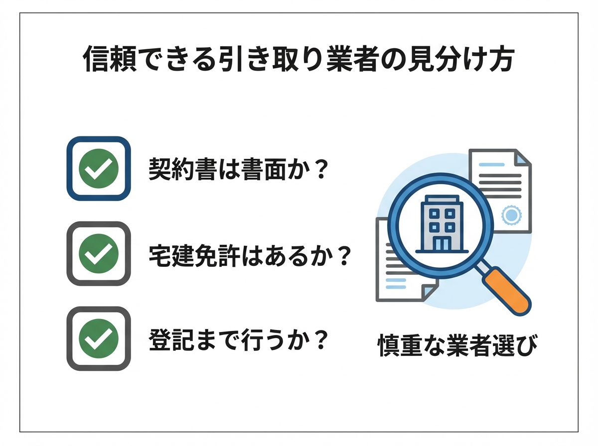 信頼できる負動産引き取り業者を見分けるためのチェックリストを図解したもの。