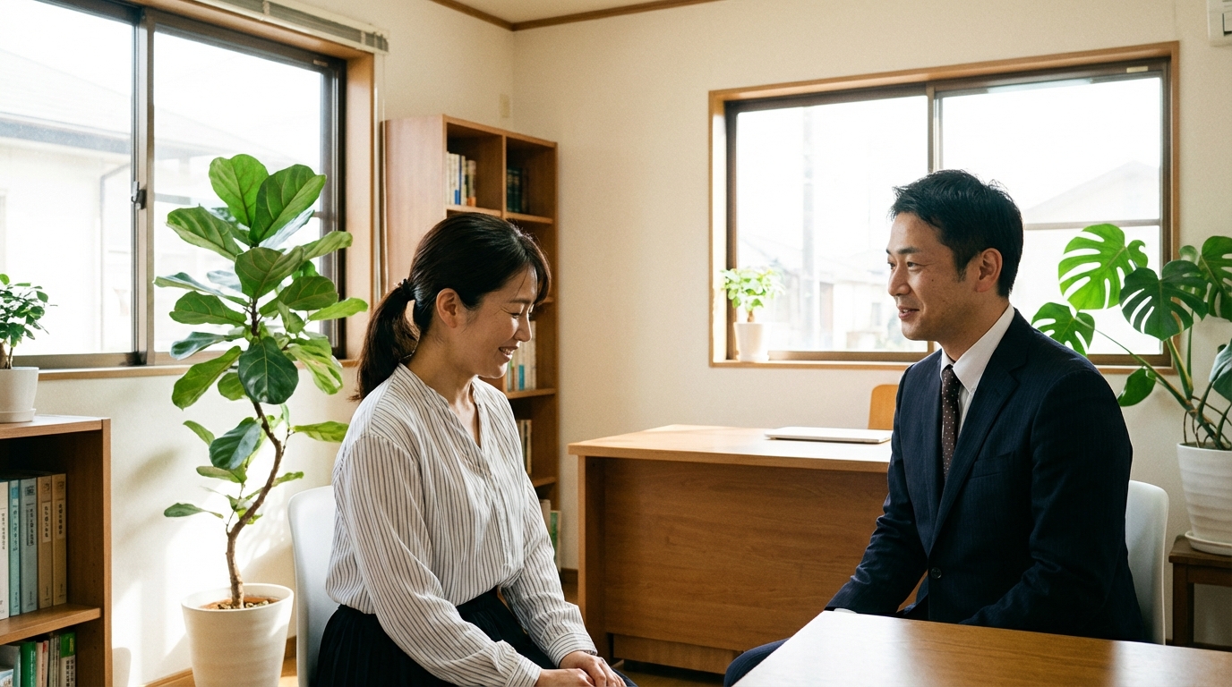 ai_image_4 | 神奈川県川崎市、横浜市やその近郊で相続手続き・相続登記なら「いがり円満相続相談室」 司法書士に相談し、安心した表情を浮かべる相談者