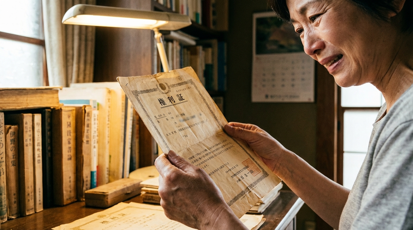 自宅で書類を整理中、紛失したと思っていた不動産の権利証を見つけて安心する女性。