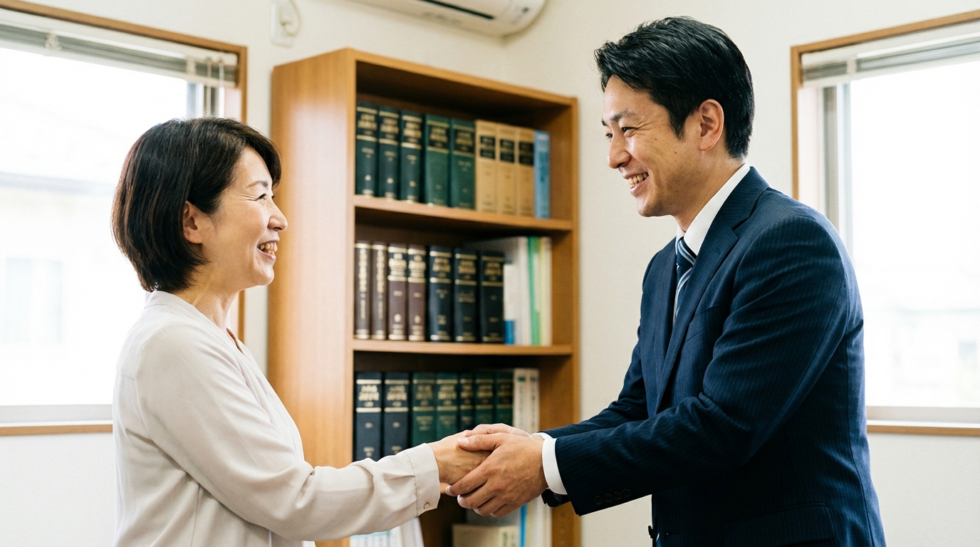 旧姓不動産の相続登記問題を無事に解決し、司法書士に感謝して握手する相談者。