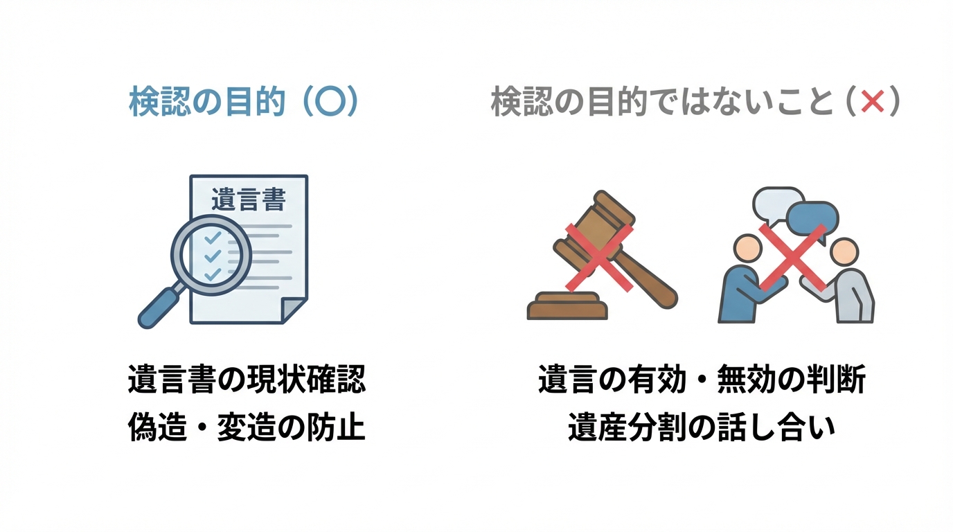 遺言書検認の目的を解説する図解。検認は遺言書の現状確認であり、有効性を判断する場ではないことを示している。
