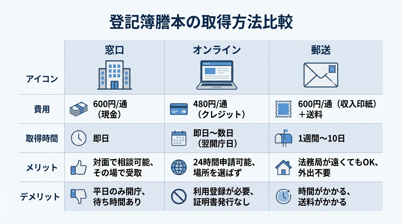 登記簿謄本の取得方法「窓口」「オンライン」「郵送」のメリット・デメリットを比較した図解