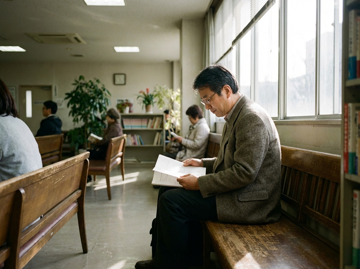 家庭裁判所の待合室で書類を確認する男性。遺言書検認の期日当日、落ち着いて待機している様子。