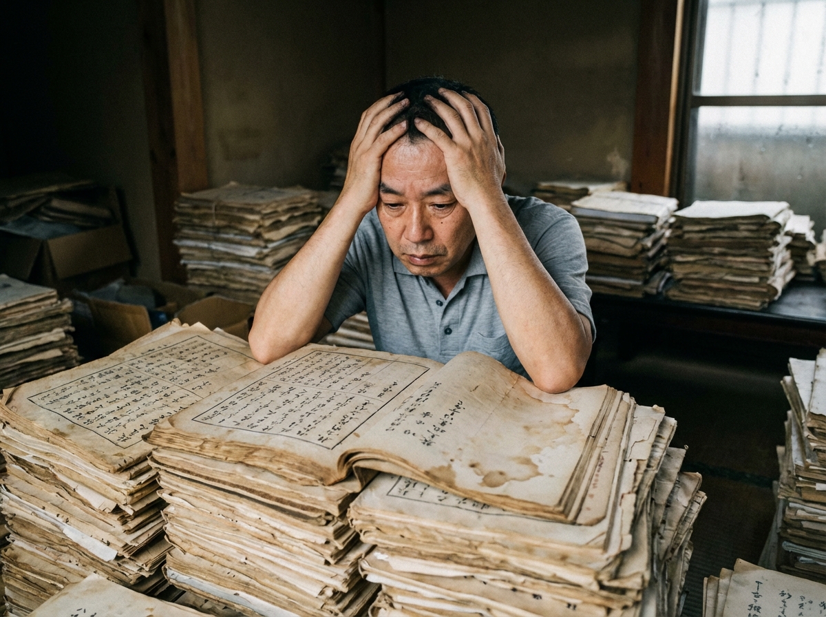 大量の古い戸籍謄本を前に、相続手続きの複雑さに頭を抱える男性。