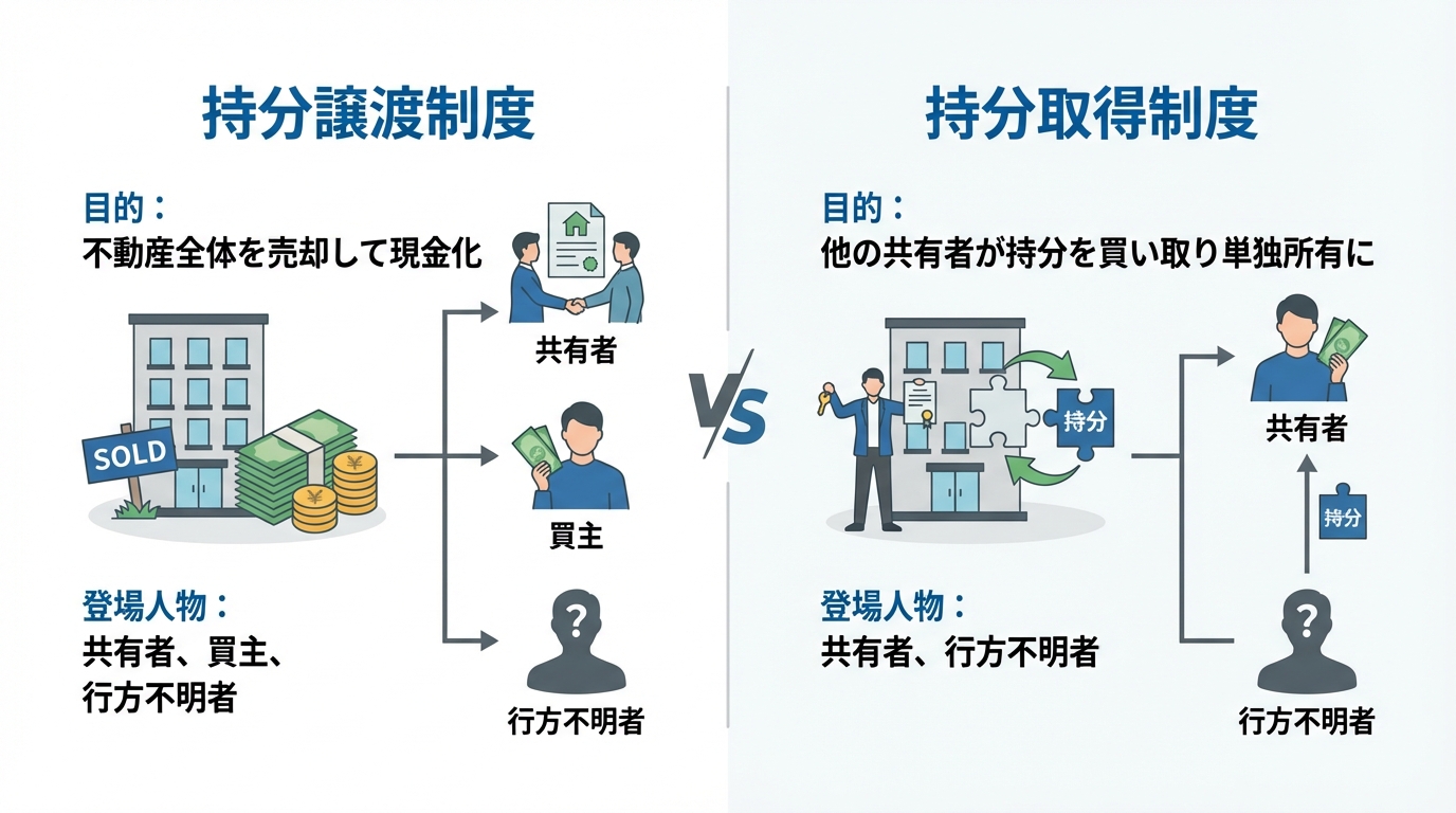 所在不明共有者の持分譲渡制度と持分取得制度の違いを比較する図解