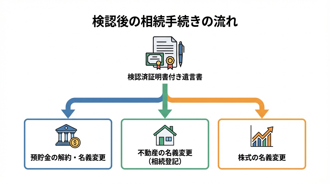 検認後の相続手続きの流れを示した図解。預貯金解約や不動産の名義変更など、次に何をすべきかがわかる。