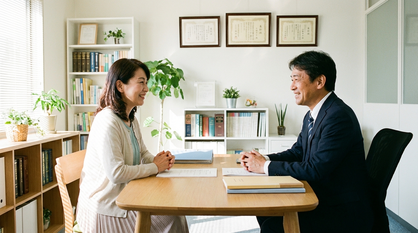 司法書士に相続手続きの相談をして安心している女性