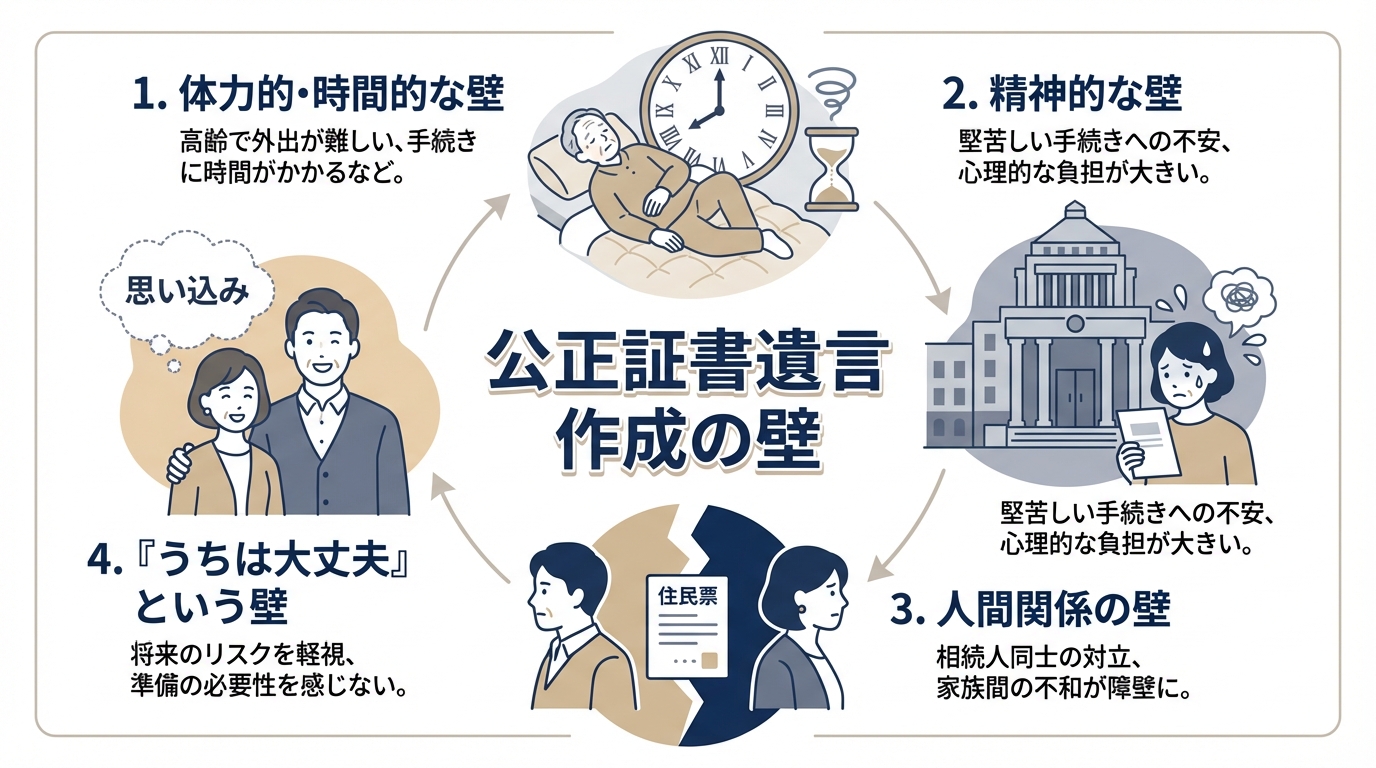 公正証書遺言の作成を阻む4つの壁（体力的・時間的、精神的、人間関係、思い込み）を分かりやすく図解したインフォグラフィック。