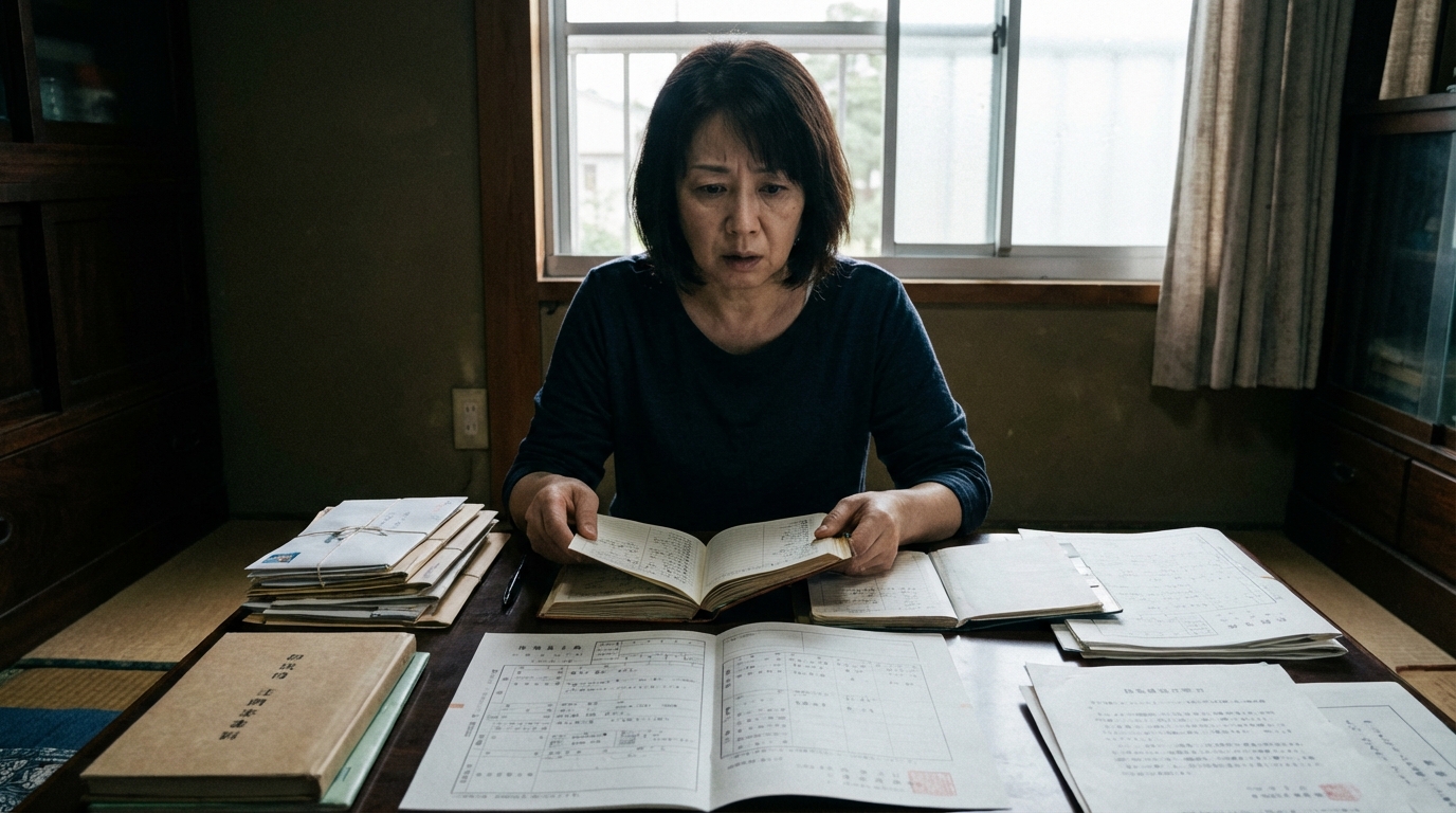 行方不明の相続人を探すため、古い書類を前に頭を抱える女性。