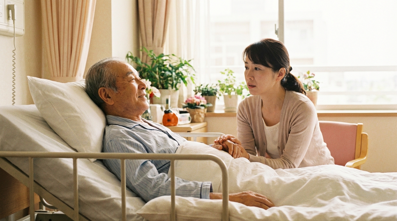 病院のベッドで穏やかに過ごす高齢男性と、それに寄り添う家族。公証人の出張による遺言作成を検討している様子。