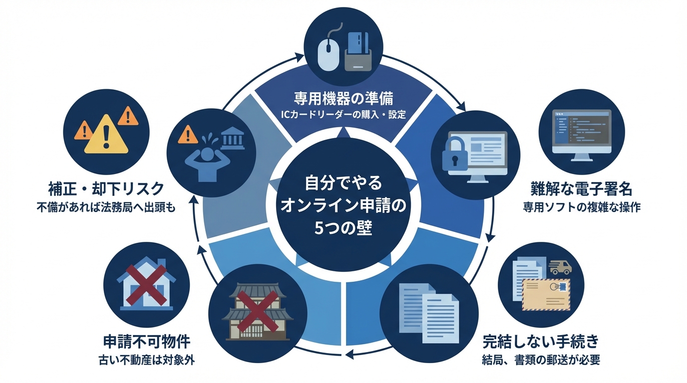 自分で相続登記をオンライン申請する際に直面する5つの高いハードルを示した図解。専用機器の準備、電子署名の難しさ、手続きが完結しない点、申請不可物件の存在、補正リスクについて解説。