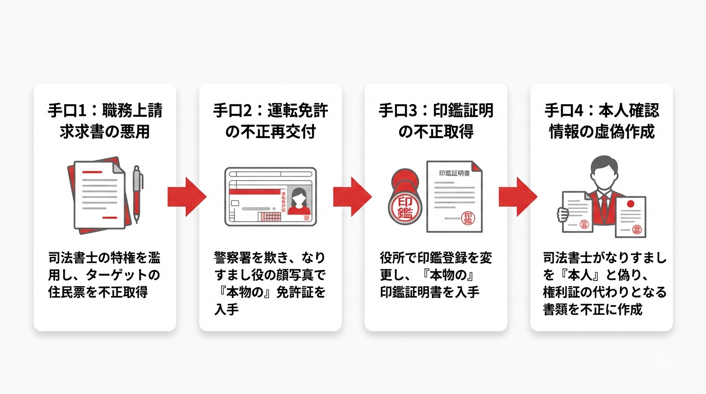 ogai_image_1 | いがり円満相続相談室 司法書士が悪用した地面師事件の4つの手口を図解。職務上請求書の悪用から始まり、運転免許証、印鑑証明書の不正取得を経て、最終的に虚偽の本人確認情報が作成されるまでの流れが示されている。