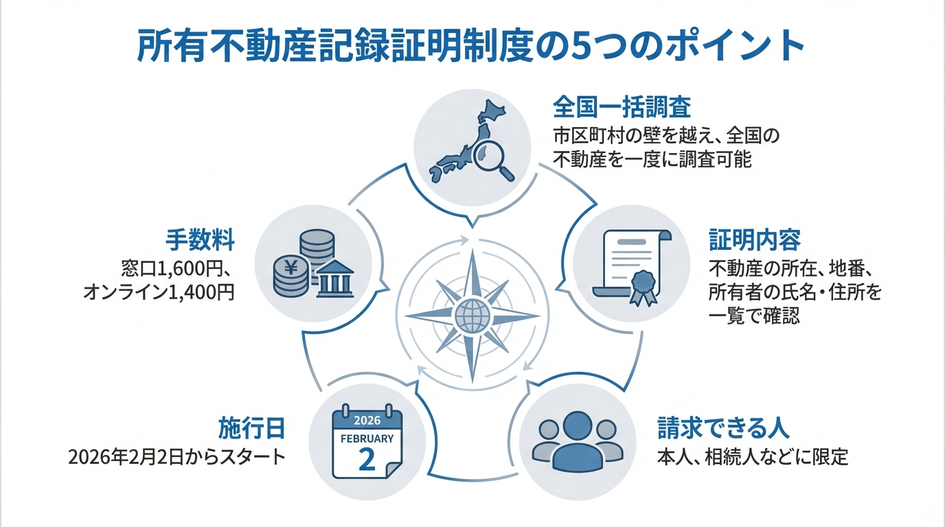 所有不動産記録証明制度の5つのポイントを図解したインフォグラフィック。全国一括調査、証明内容、請求できる人、施行日、手数料の5項目がアイコンと共に解説されている。