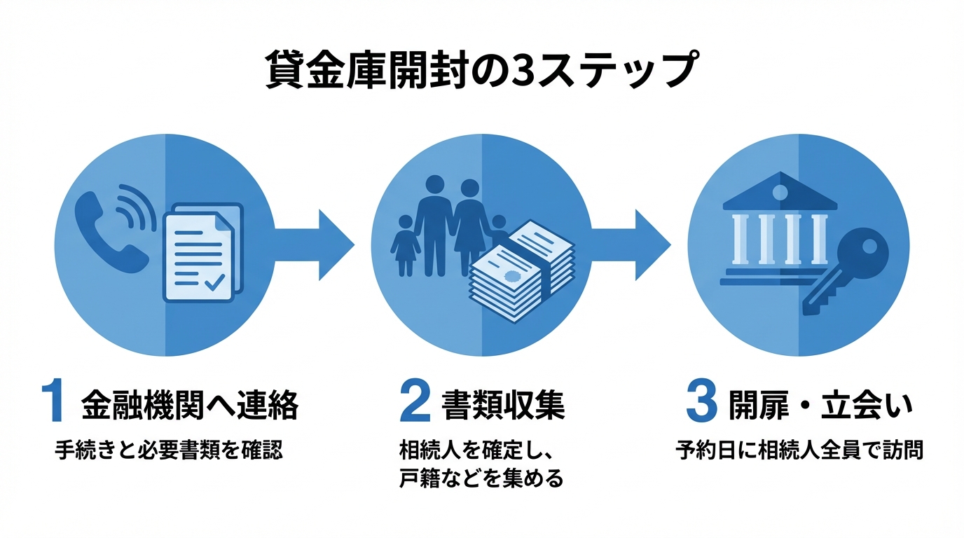 亡くなった方の貸金庫を開封するための3つのステップを示した図解。ステップ1は金融機関への連絡、ステップ2は必要書類の収集、ステップ3は相続人全員での立会いと開扉。