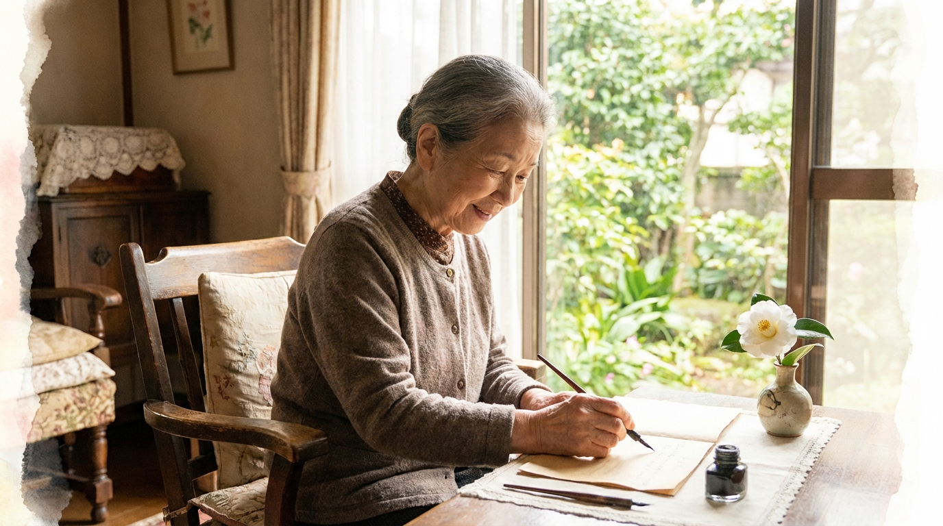 穏やかな表情で遺言書を書くシニア女性。遺贈寄付という想いを未来へつなぐイメージ。