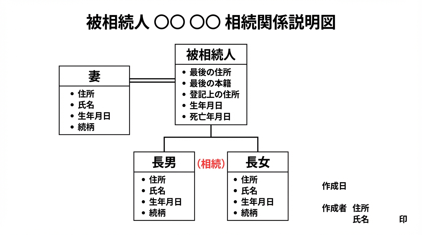 相続関係説明図の基本構成を図解したインフォグラフィック。タイトル、被相続人の情報、相続人の情報、関係線、不動産の取得関係など8つの必須項目が示されている。